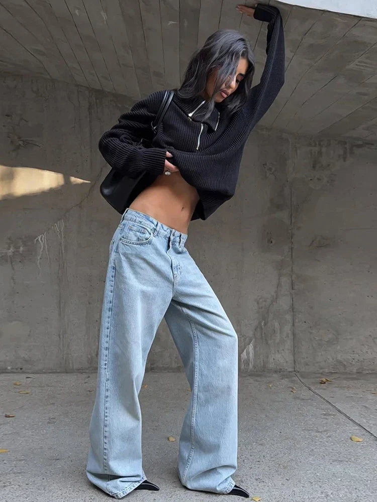 Chic Irregular Zip Knit Sweater with Turn-Down Collar VestiVogue