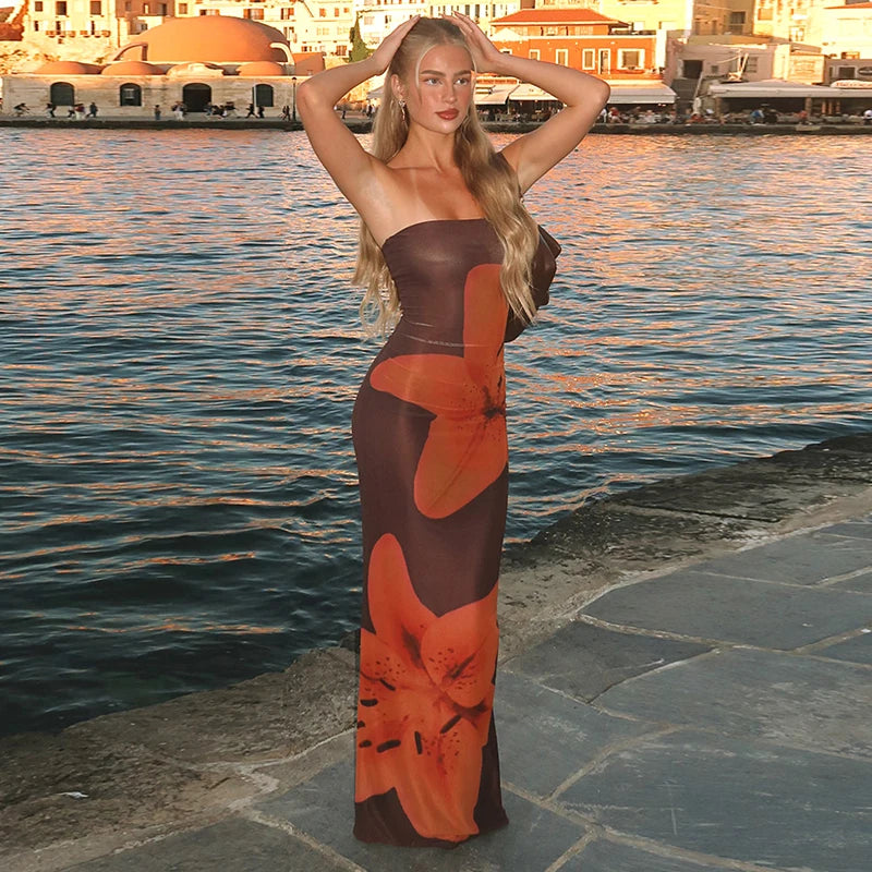 Strapless Floral Print Slim Fit Long Dress VestiVogue Orange S