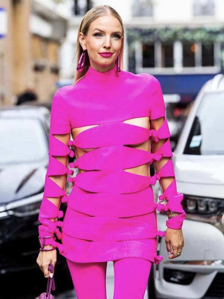 Hot Pink Turtleneck Bandage Dress VestiVogue  