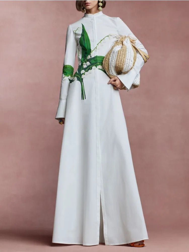 Floral Print A-Line Long Sleeve Maxi Shirt Dress VestiVogue