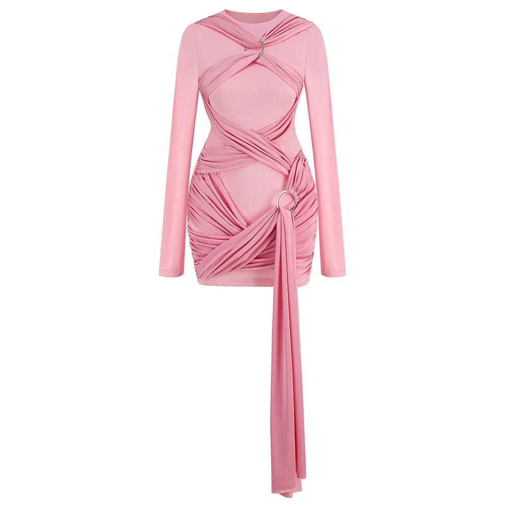 Pink Draped Mini Dress with Crossed Rings VestiVogue