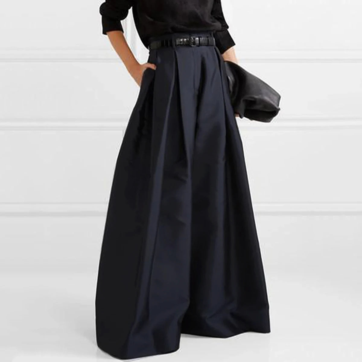 Chic High Waisted Pleated Wide Leg Pants in Solid Colour VestiVogue NAVY BLUE L