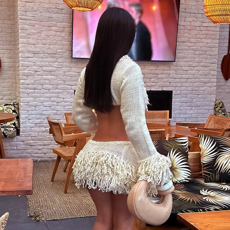 Chic Knit Tie Cardigan and Mini Skirt Set VestiVogue