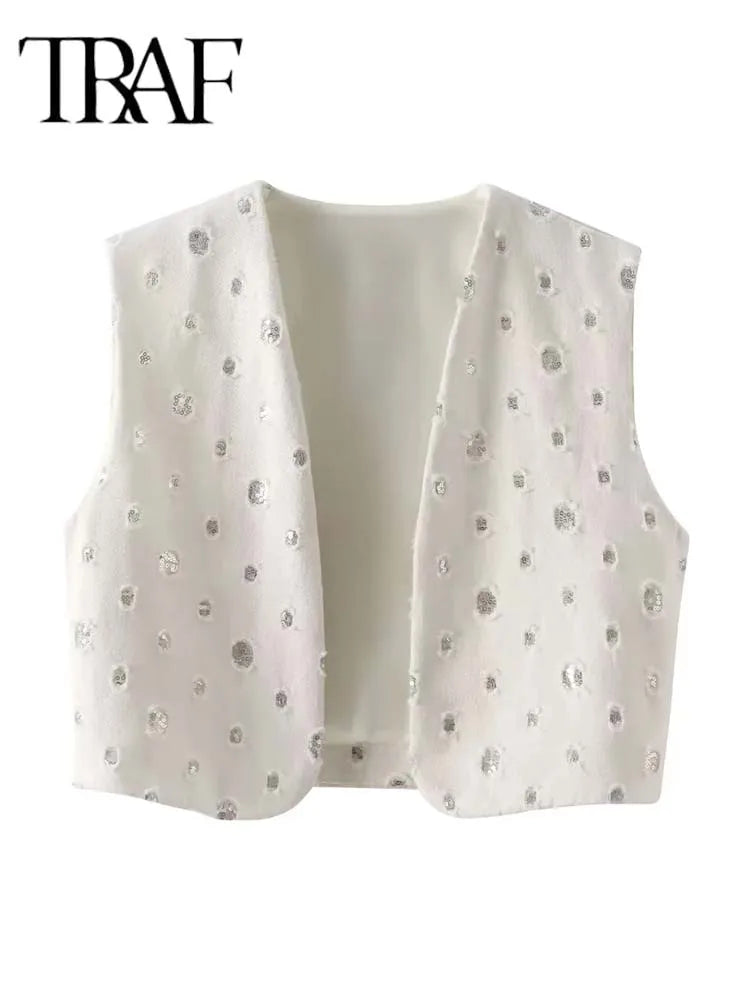 Shimmering Sequin Two-Piece Skirt Set with Sleek Zipped Skirt VestiVogue Only-Top XS