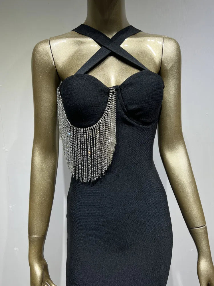 Diamond Dazzle Black V-Neck Bandage Dress with Crystal Tassels VestiVogue  