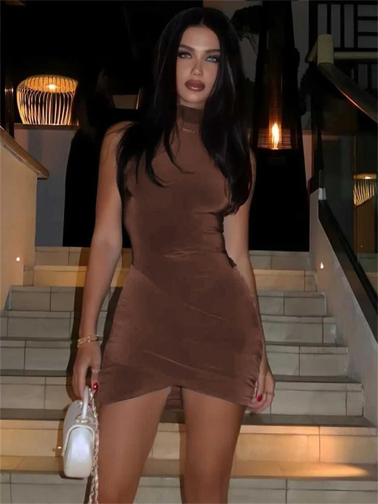 Solid Pleated Sleeveless Mini Dress with Stand Collar VestiVogue Coffee S