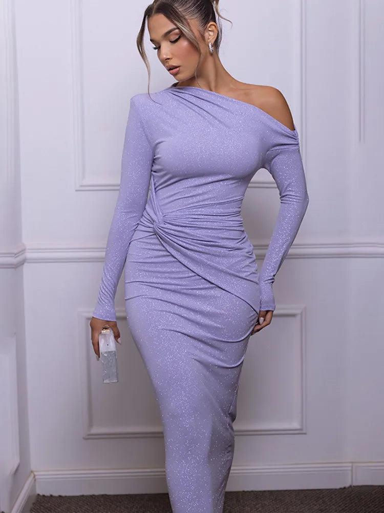 Long Sleeved Shiny Pleated Bodycon Dress VestiVogue  