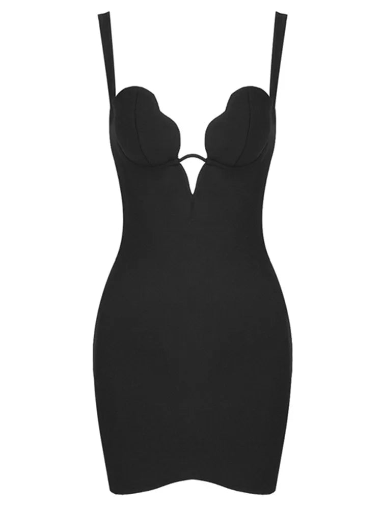 V Neck Mini Black Bandage Bodycon Dress VestiVogue black M