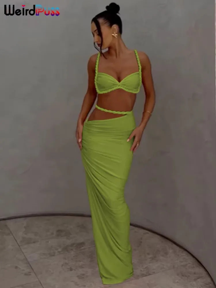 Backless Ruched Bra and Long Skirt Set VestiVogue green S