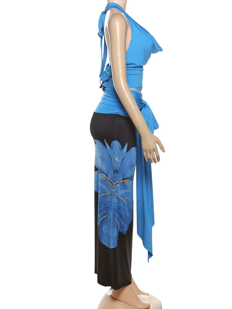 Chic Halter Crop Tank and Floral Maxi Skirt Set VestiVogue