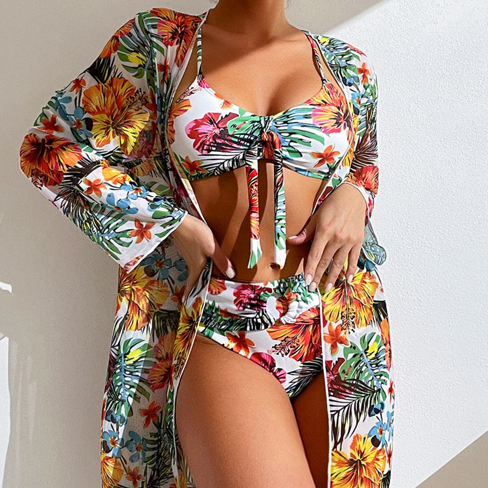 Floral print High Waisted 3 piece bikini set VestiVogue  