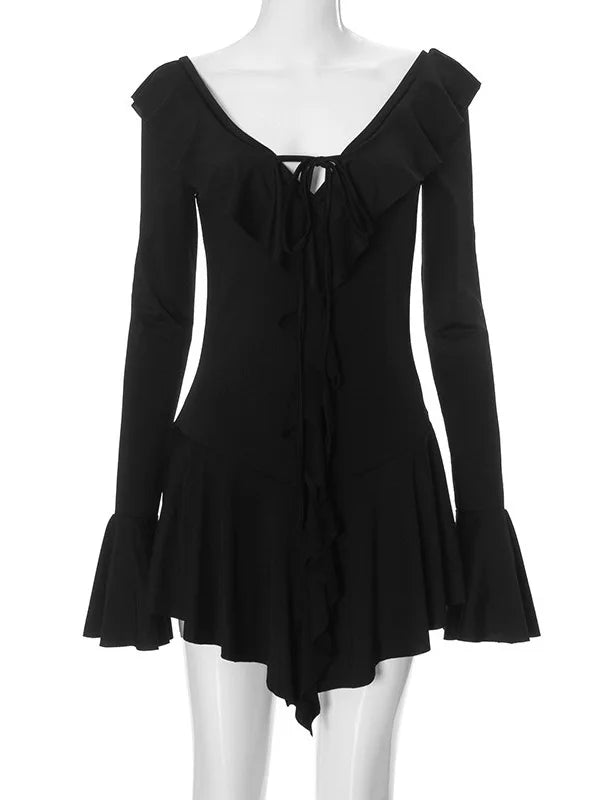 V-Neck Ruffled Bodycon Mini Dress for Women VestiVogue black S