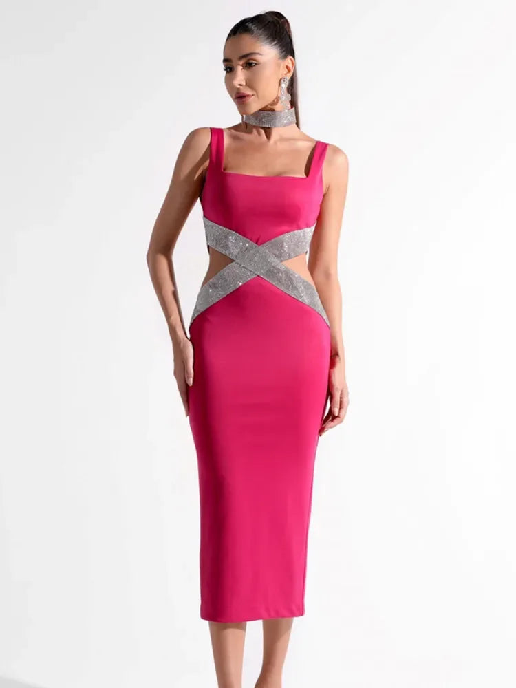 Sexy Backless V Neck Diamante Bandage Midi Dress VestiVogue  