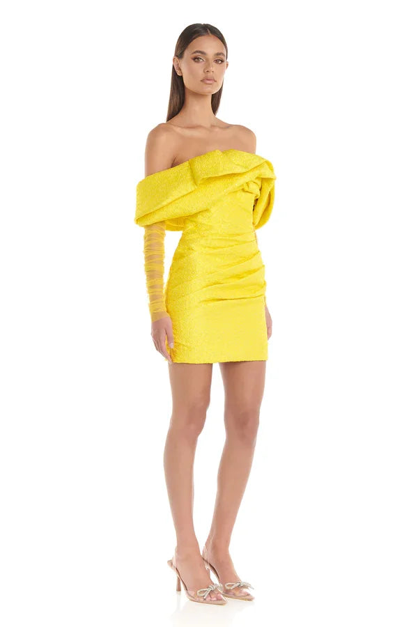 Elegant Yellow Strapless Mini Dress with Mesh Patchwork VestiVogue