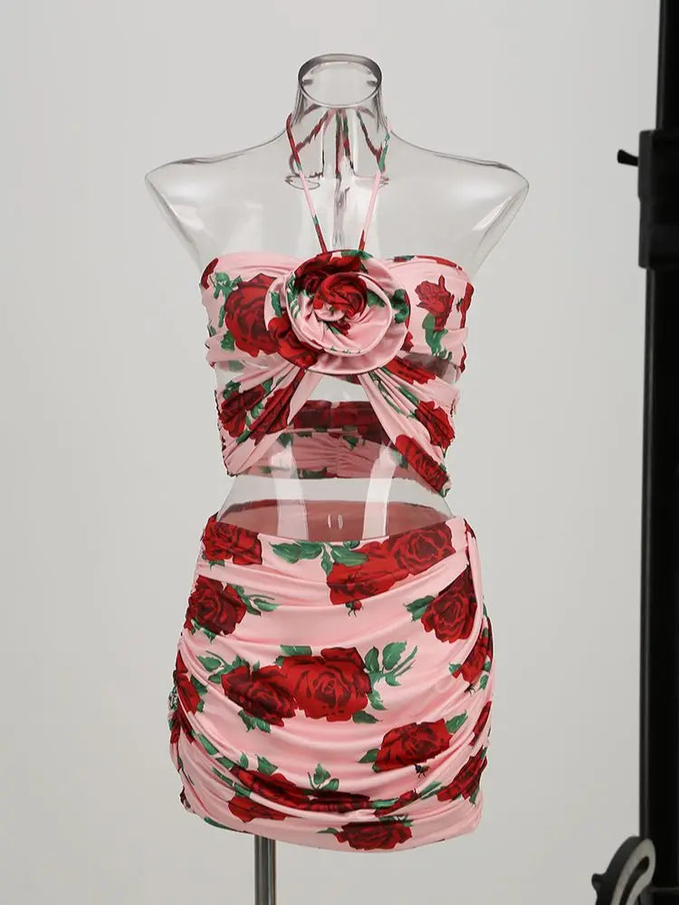 2 Pieces Set Floral Mini Bodycon Skirt Suit VestiVogue  