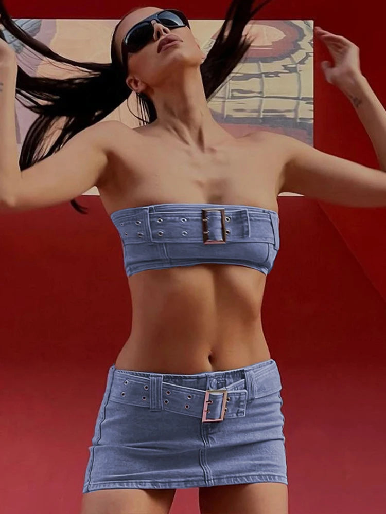 Chic Denim Wrap Top & Mini Skirt Set VestiVogue