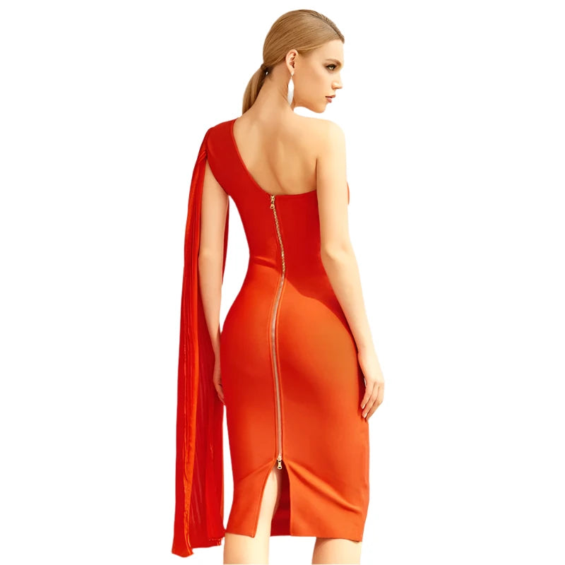 One-Shoulder Orange Bodycon Midi Dress VestiVogue