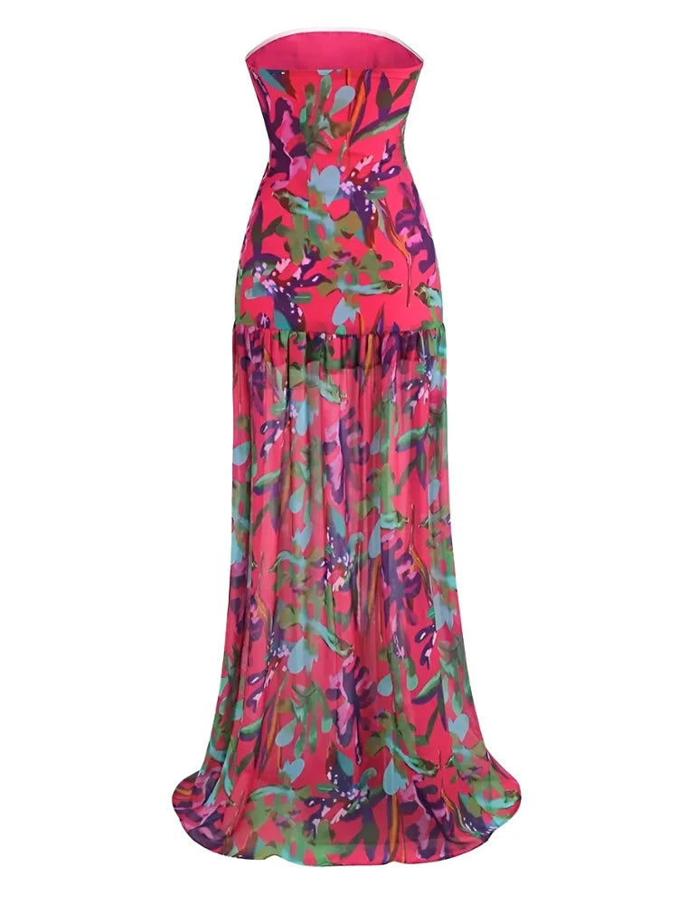 Strapless Print Purple Split Maxi Dress VestiVogue  