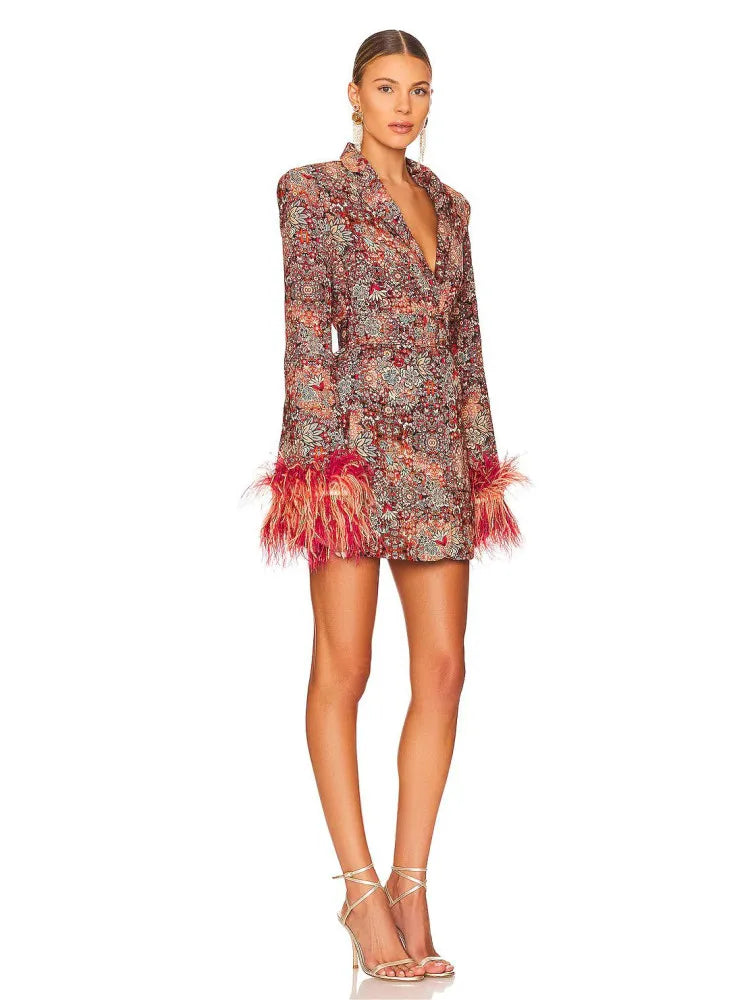 Women's Winter Floral Blazer Dress with Ostrich Feather Trim VestiVogue  