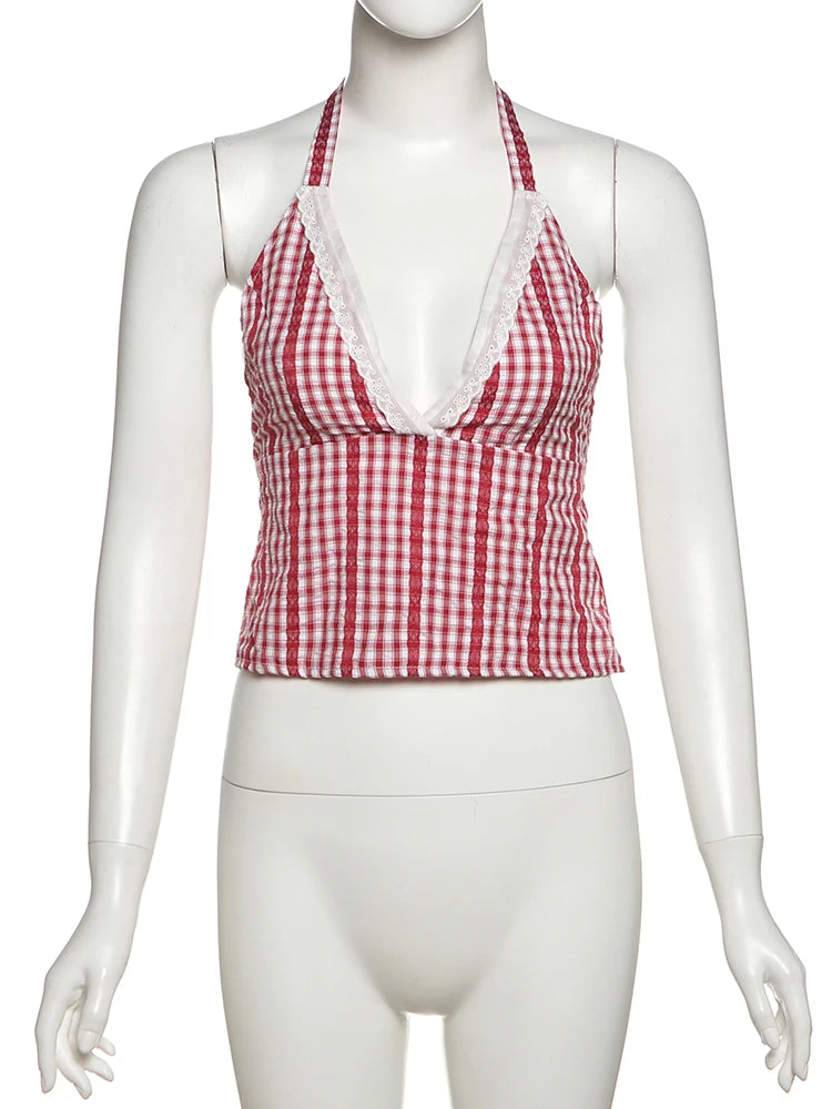 Striped Halter Neck 2-Piece Set with Lace Back and Folds Puffy Hem Shorts VestiVogue