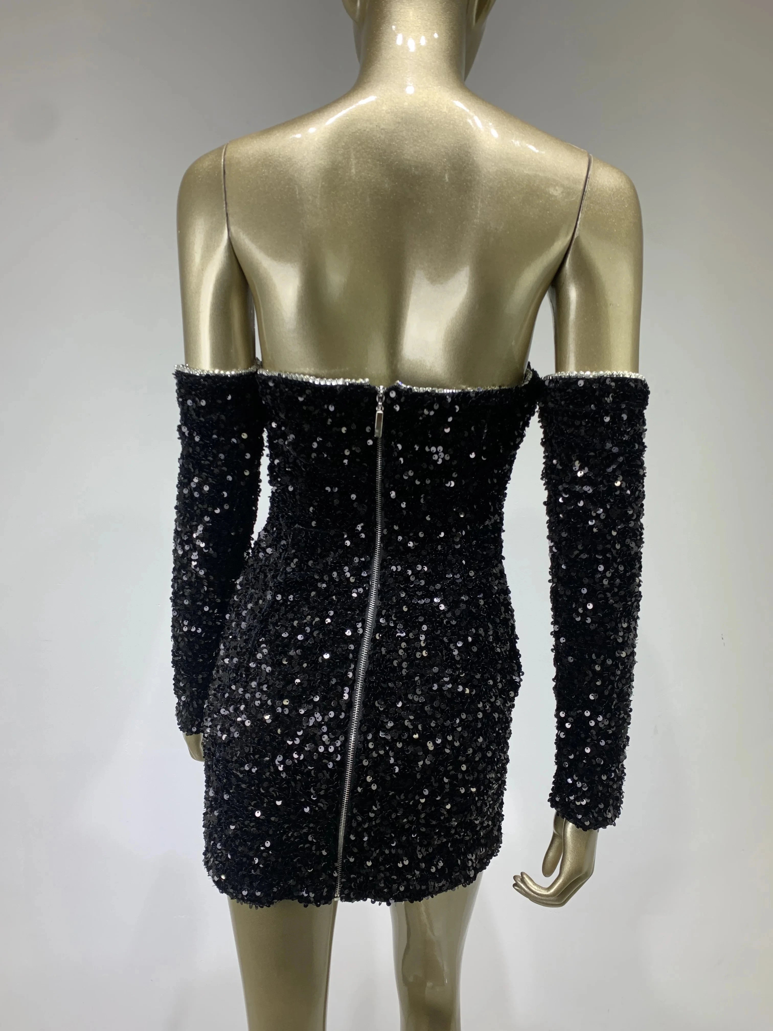 Sexy Off Shoulder Sequin Black Mini Dress VestiVogue  