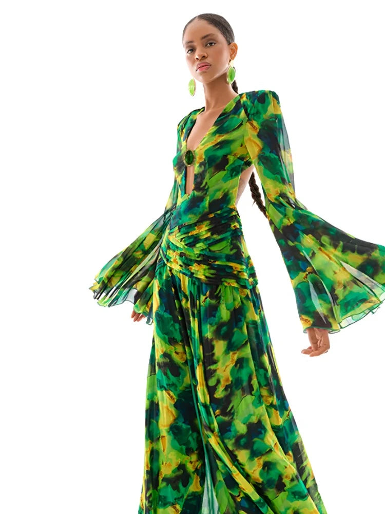 Long Sleeve Green Floral Long Chiffon Maxi Dress with split VestiVogue  