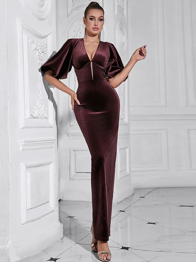 Wine Red V-Neck Puff Sleeve Backless Bodycon Dress VestiVogue