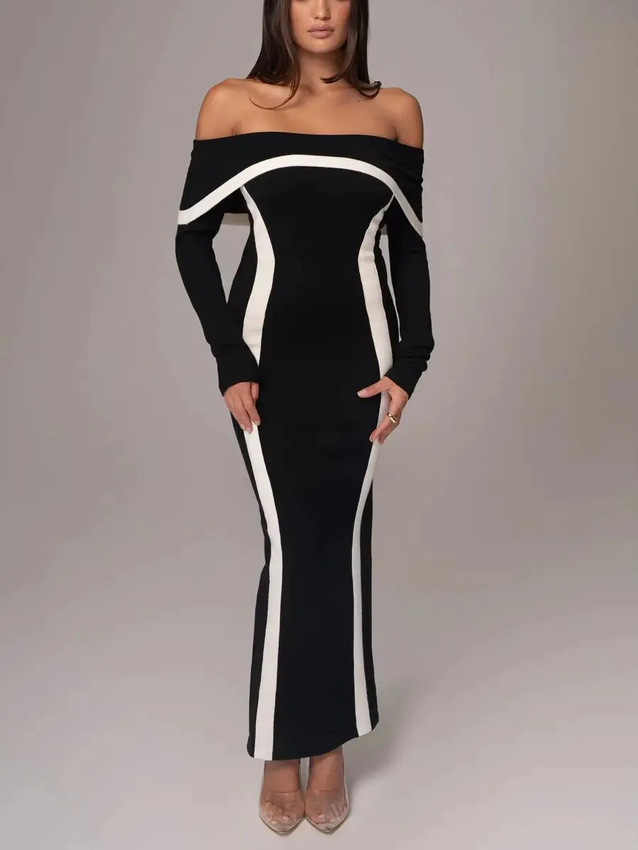 Luxury Off Shoulder Khaki Black Long Gown VestiVogue  