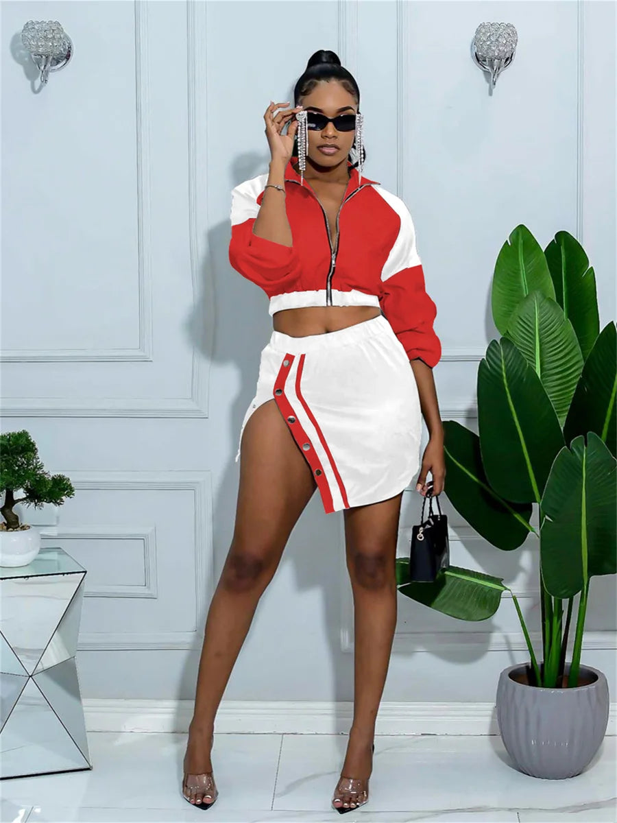 Sporty Contrast Two-Piece Set with Crop Jacket and Slit Skirt VestiVogue Red XL