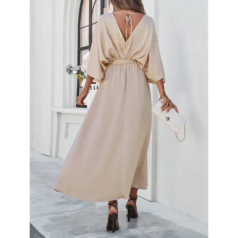 Elegant V-Neck Split Maxi Dress with Batwing Sleeves VestiVogue