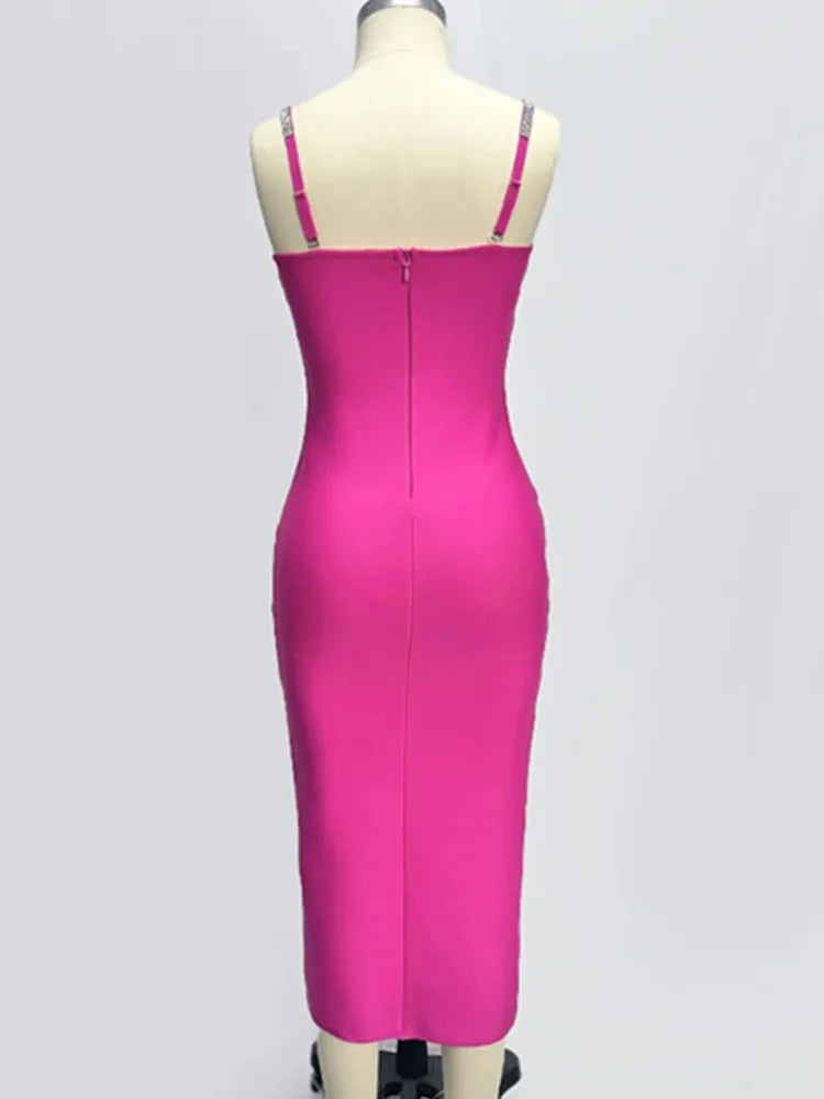 Sleeveless Hot pink Midi Bandage Dress VestiVogue  