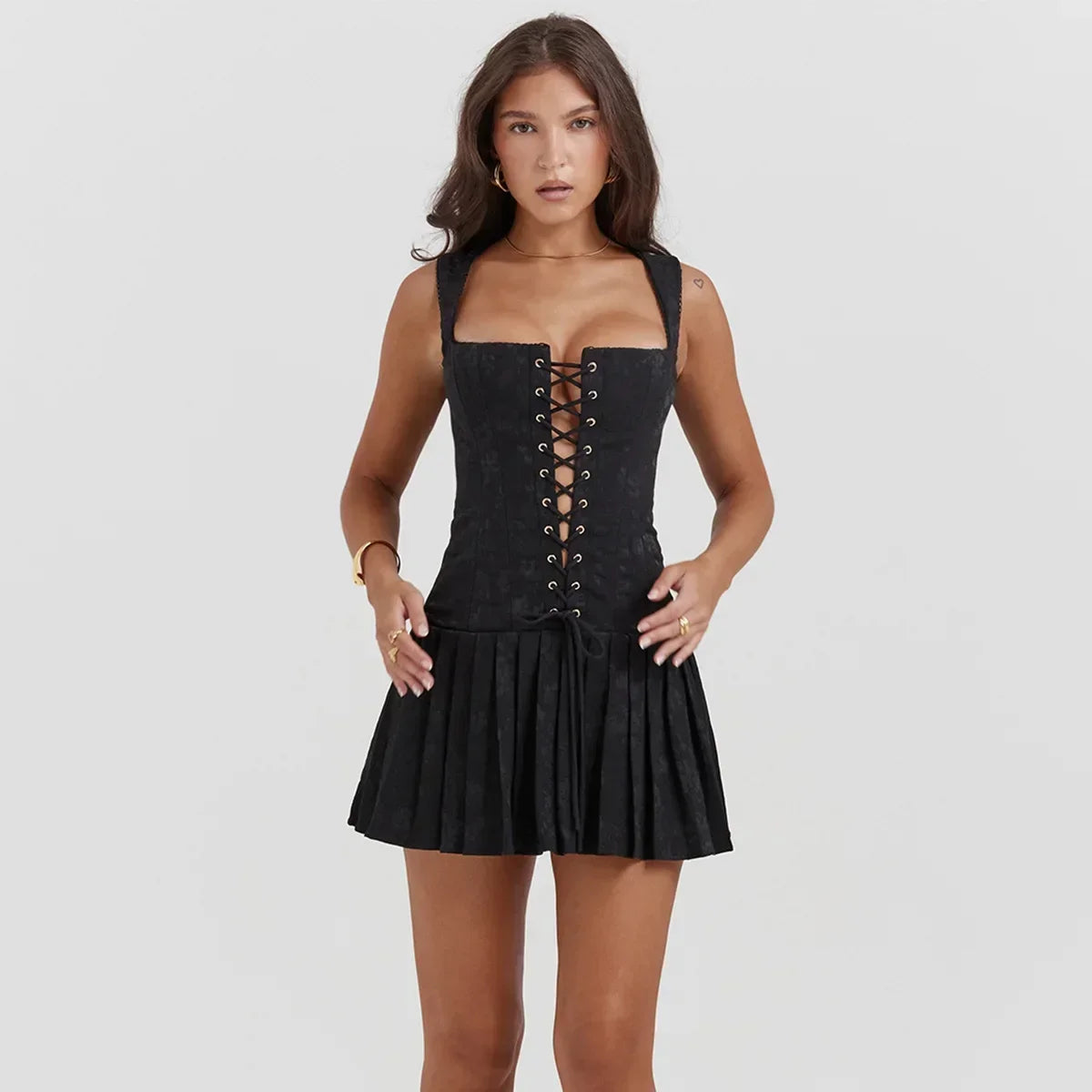 Black Lace Up Pleat mini Dress VestiVogue perfect fit M
