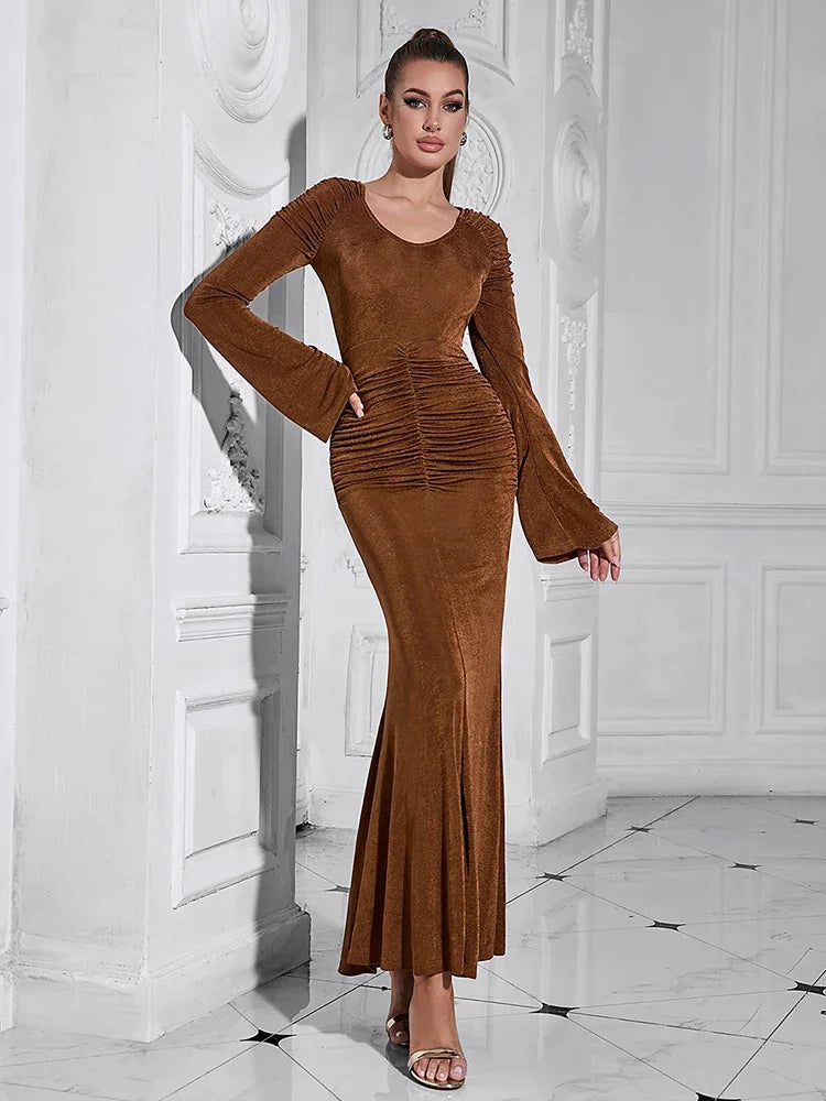 Brown V-Neck Flare Sleeve Maxi Dress VestiVogue