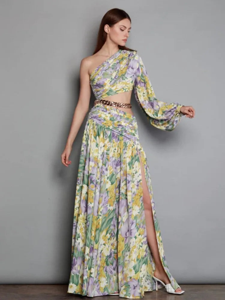 One Shoulder Floral Long Chiffon Maxi Dress VestiVogue  