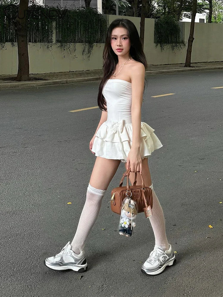 Chic Bow Detail Mini Dress with Double Ruffle Hem