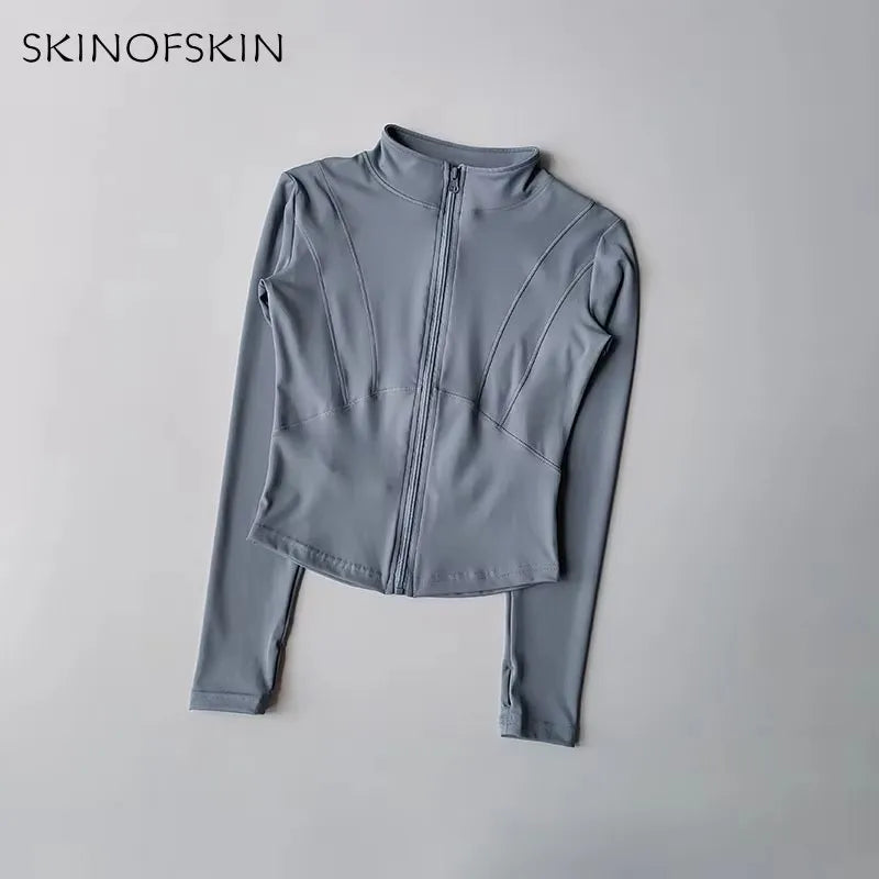 Slim Fit Quick-Dry Long Sleeved Zip-Up Yoga Jacket VestiVogue CGreyBlue L