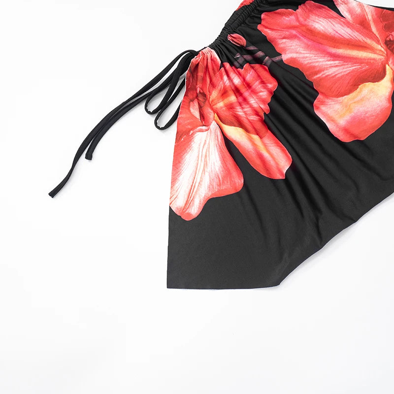 Floral Print Sleeveless Slant Shoulder Tank Top with Drawstring Detail VestiVogue