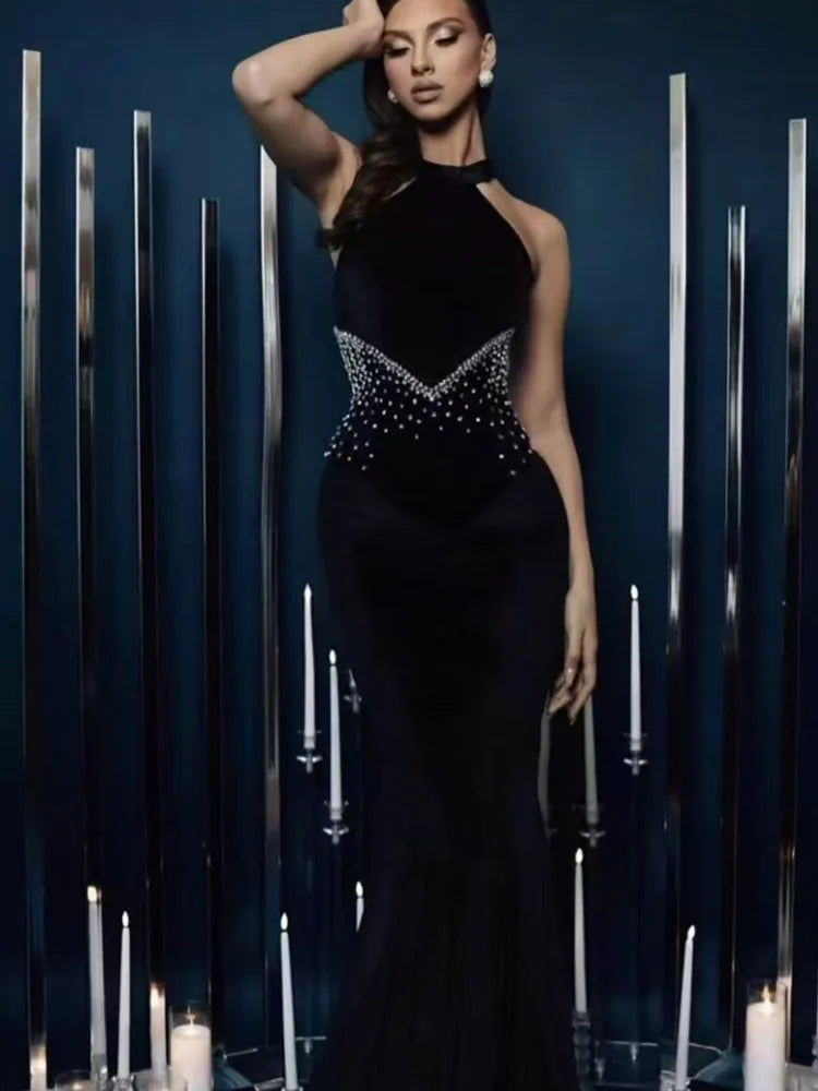 Elegant Beaded Black Maxi Bodycon Dress with Turtleneck VestiVogue black XS