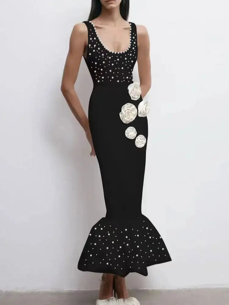 Beaded Flower Fishtail Bodycon Dress VestiVogue black L