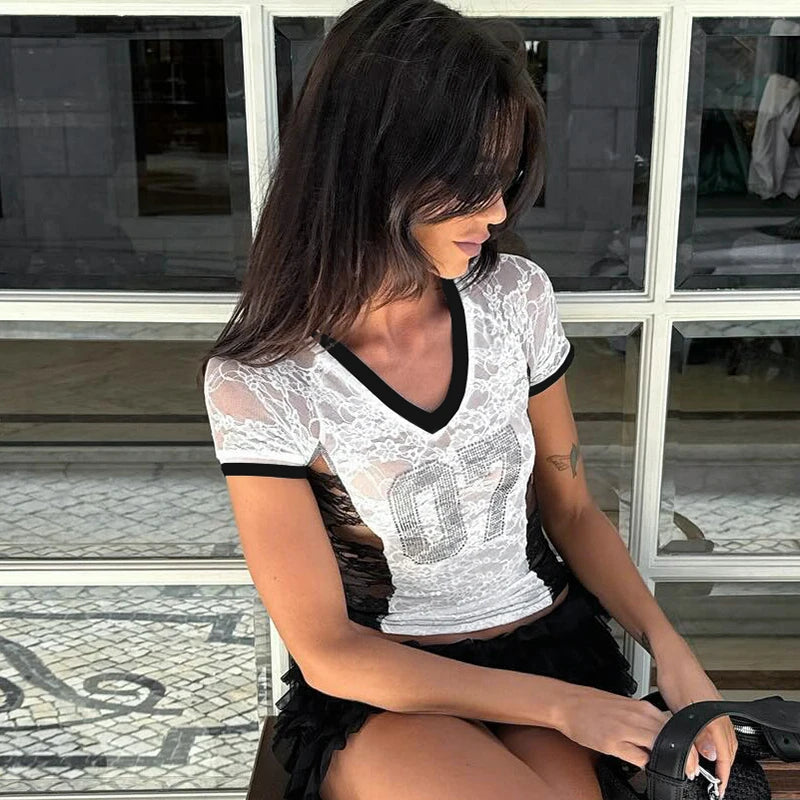 Vibrant Patchwork V-Neck Lace Top VestiVogue