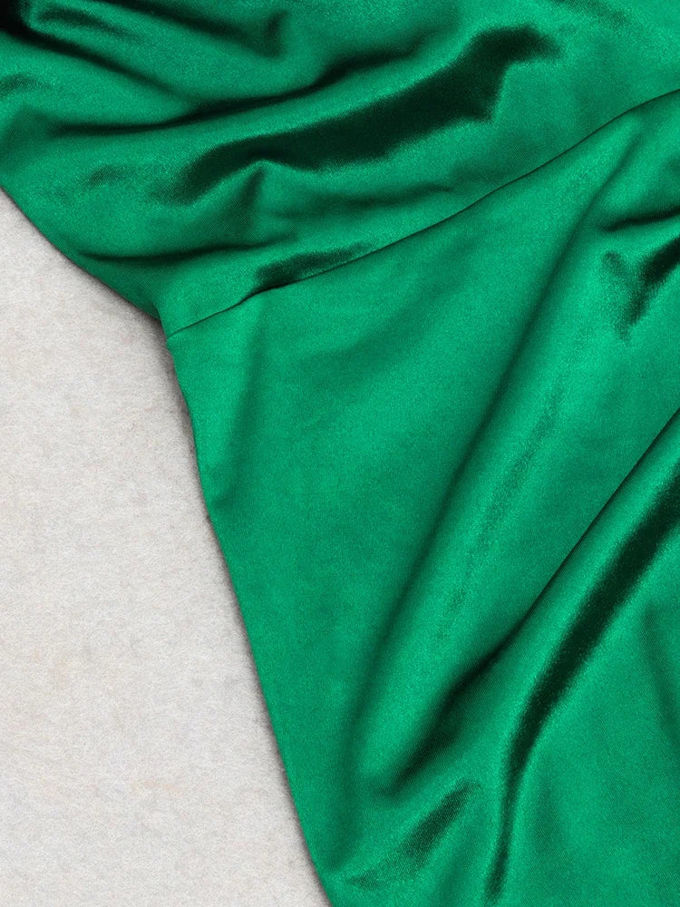 One Shoulder Asymmetrical Green Satin Maxi Dress VestiVogue