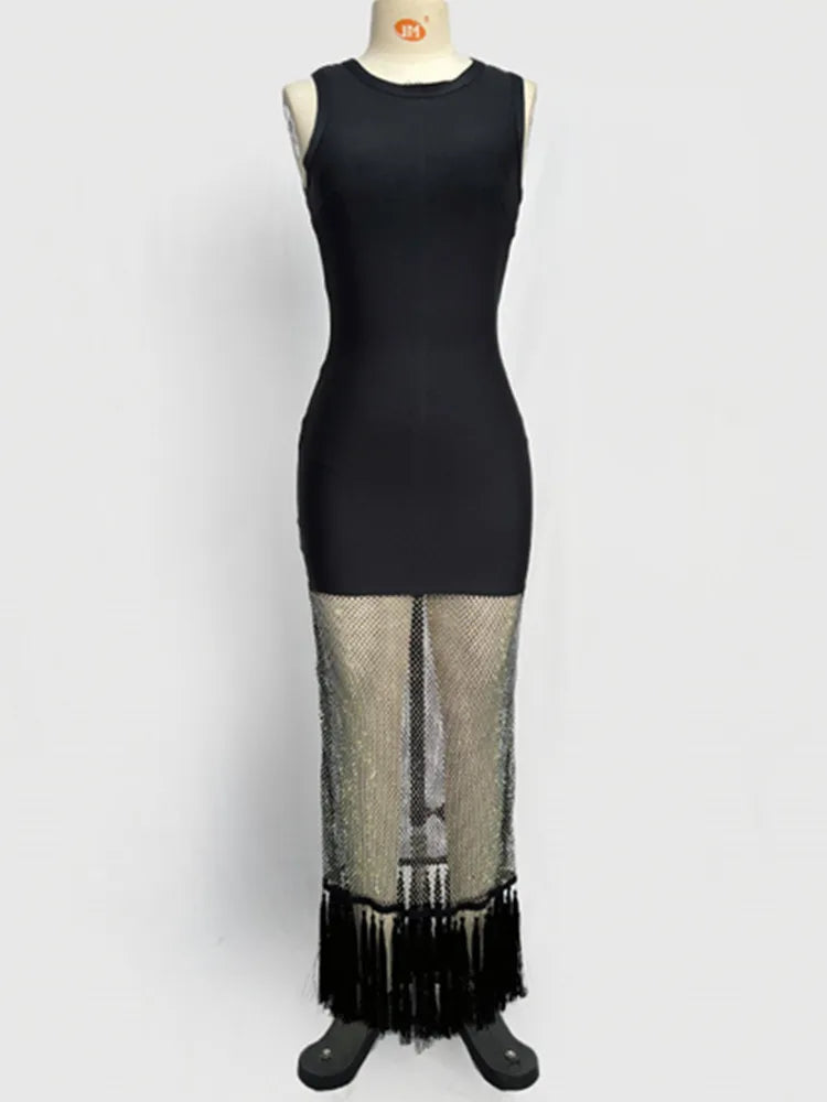 Elegant Black Bodycon Maxi Dress with Diamond Beading VestiVogue