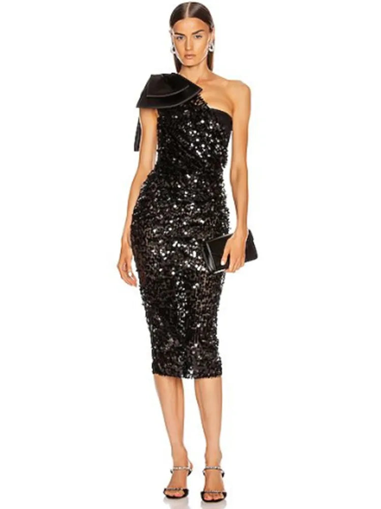 One Shoulder Black Glitter Satin Dress VestiVogue black M