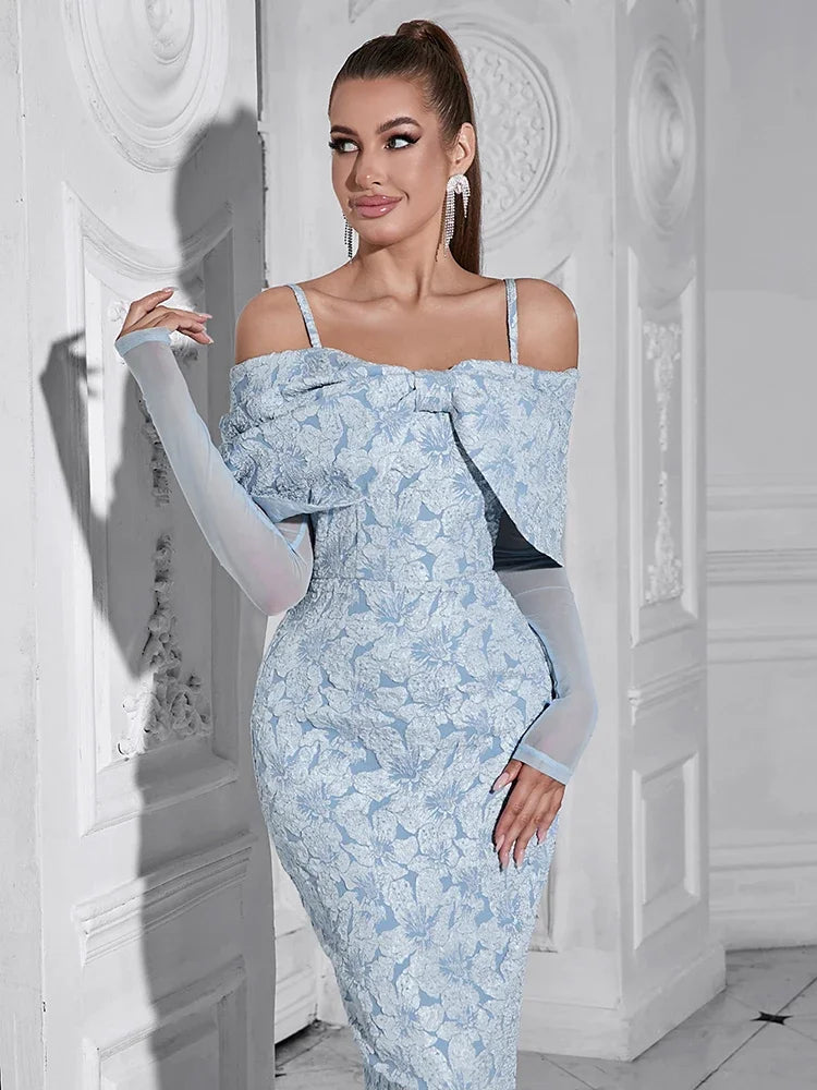 Chic Sky Blue Off-Shoulder Floral Bodycon Maxi Dress VestiVogue