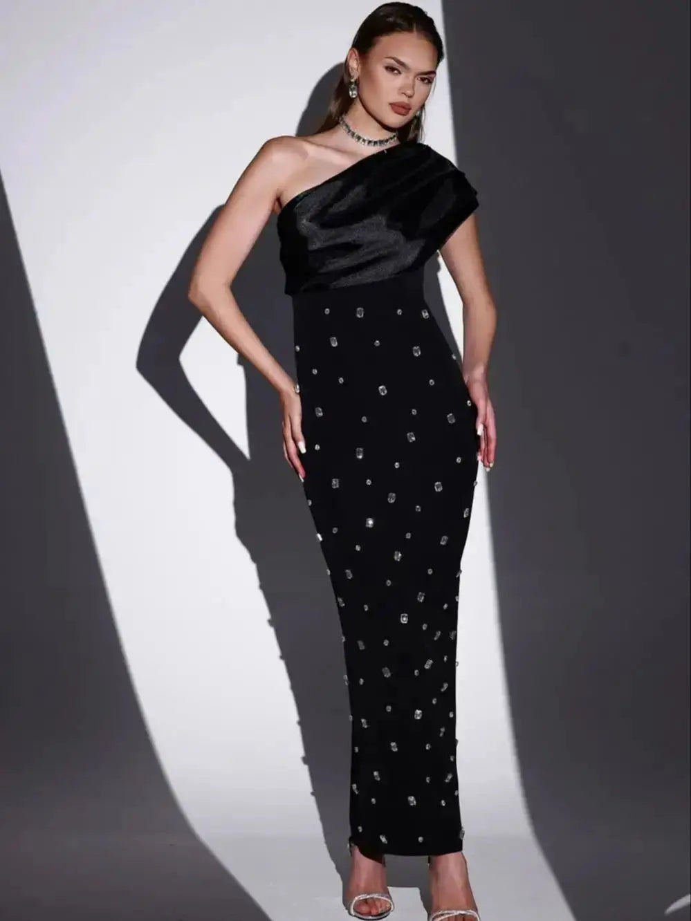 Sparkly One Shoulder Maxi Dress VestiVogue black S