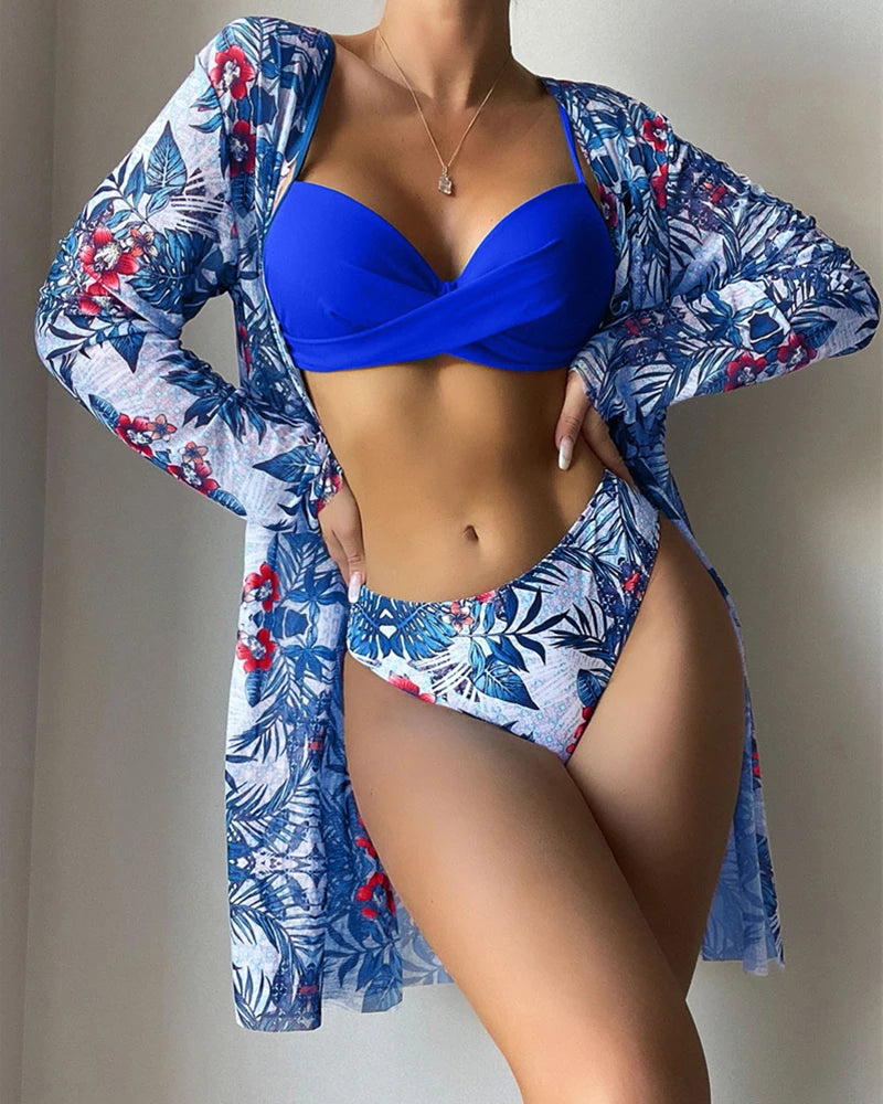 Floral Print Bikini Set VestiVogue Royal blue M