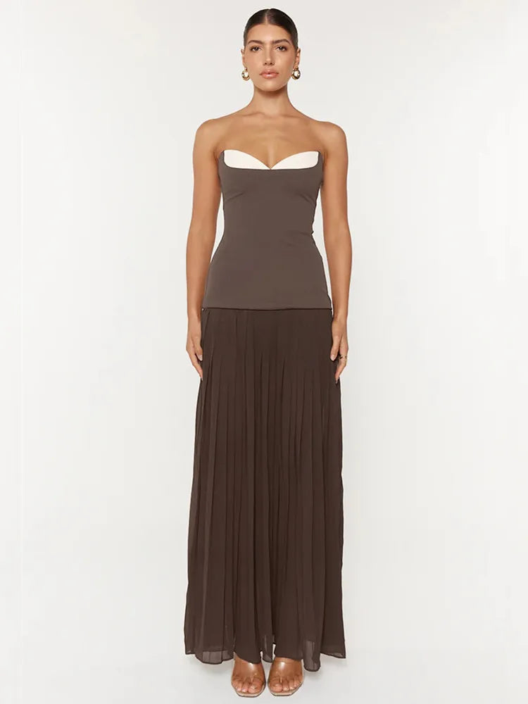 Chic Pleated Strapless Brown Mini Gown VestiVogue black L