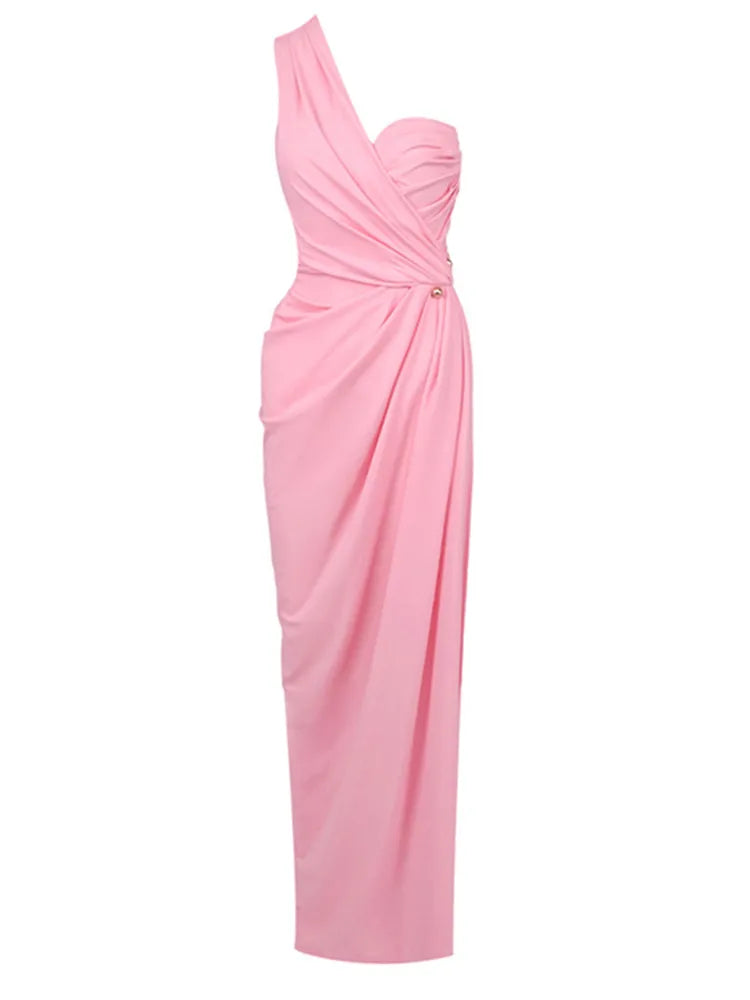 Elegant Pink Ruffle V-Neck Maxi Gown VestiVogue