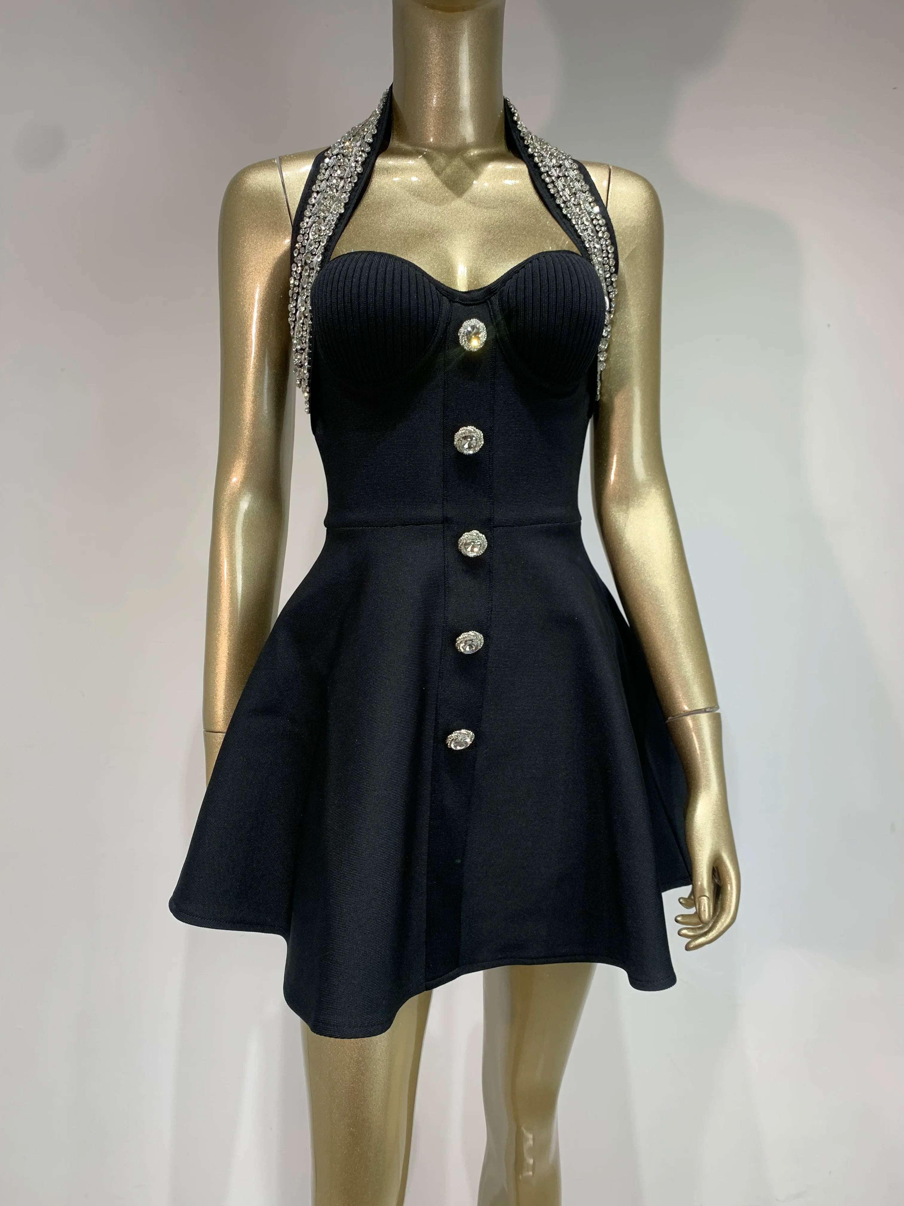 Elegant Backless Halter Bandage Dress with Beading VestiVogue