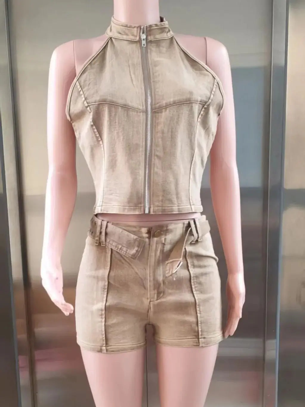 Distressed Denim Crop Set with Zipper Cardigan VestiVogue